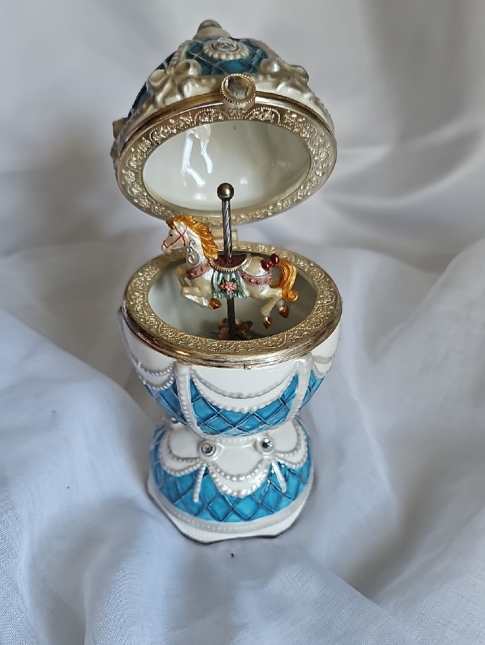 Blue Quilted Egg Music Box with Gold Trim